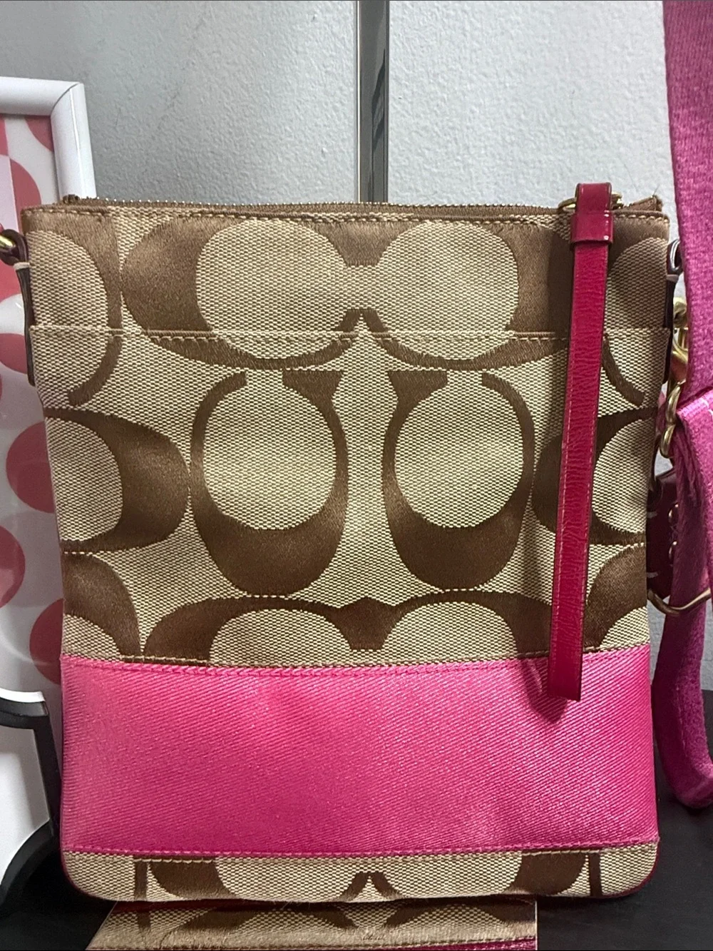 Coach Vintage Signature Stripe Canvas Crossbody with Pink Leather Trim